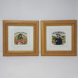 Set 2 Vintage Cigar Label Mounted Framed Gold Finish Solid Wood 12" Father's Day